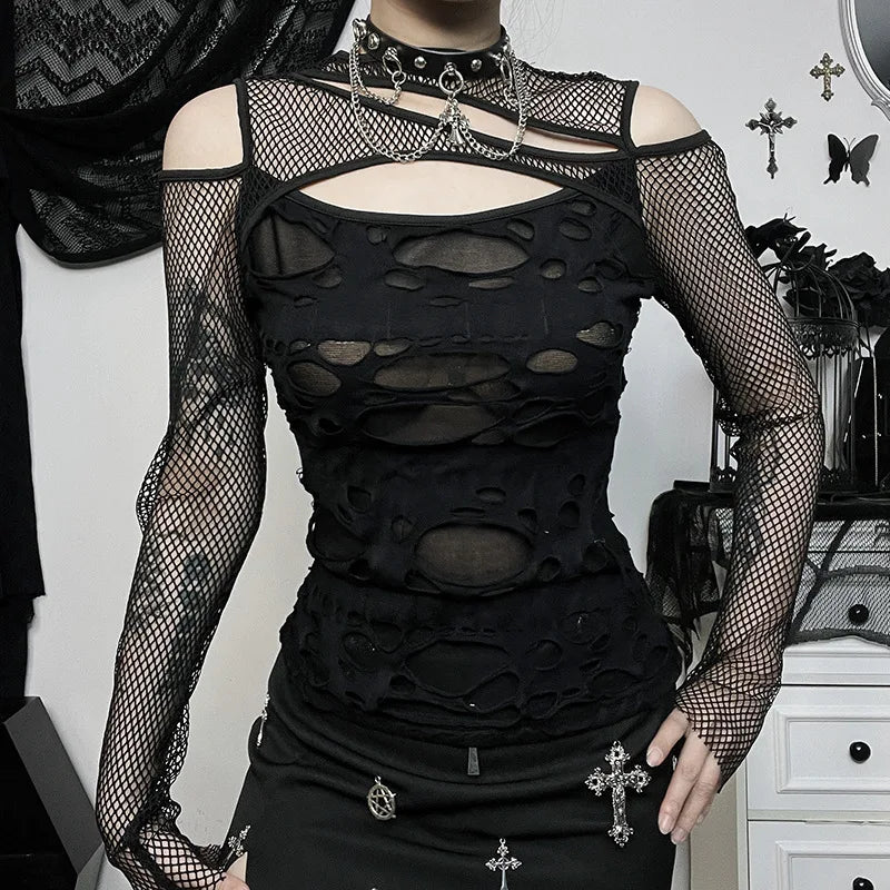 Frayed Mall Gothic Hollow Out T-Shirts Grunge Punk Fishnet Patchwork Women Blouses Sexy Long Sleeve Alt Streetwear Top
