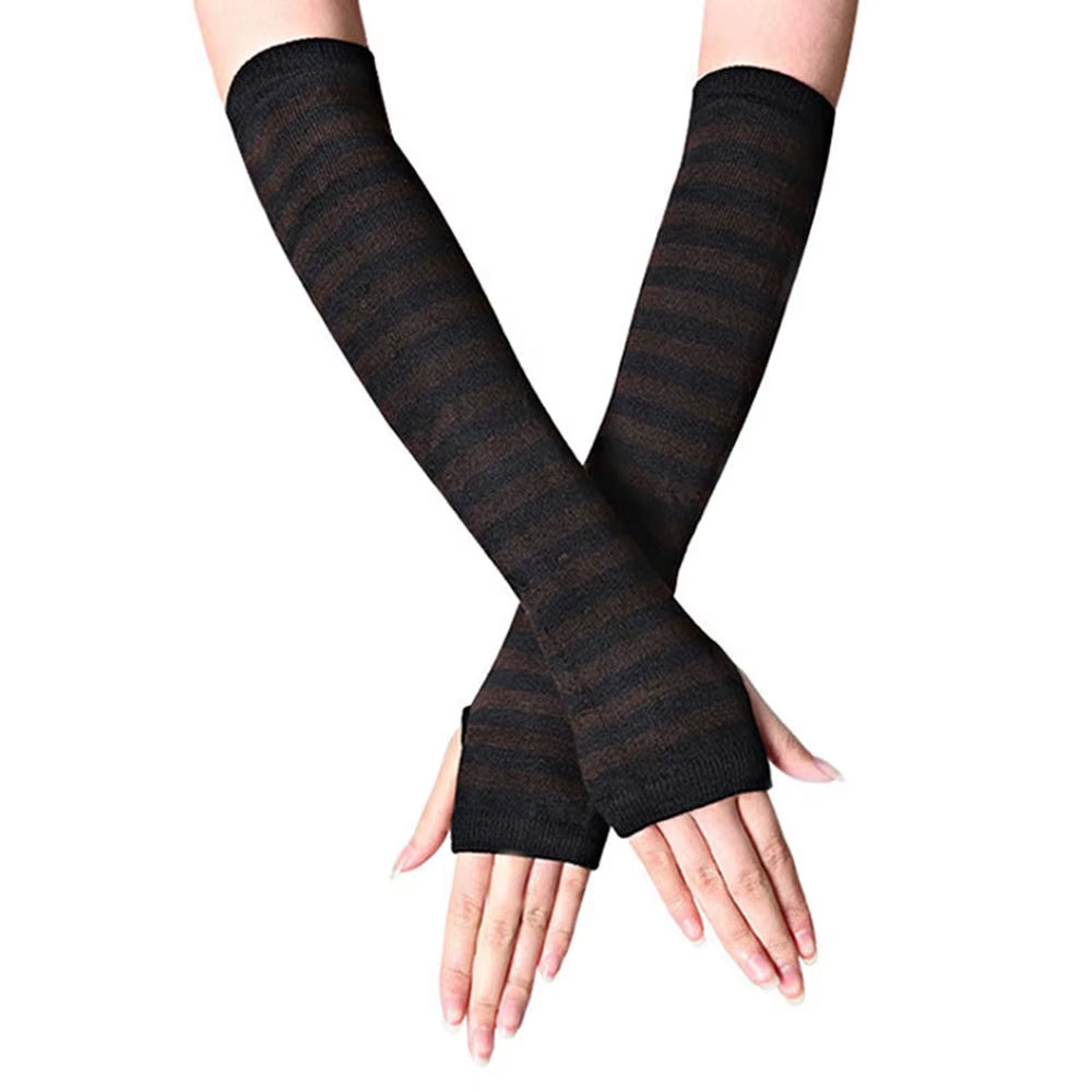 Fashion Women Emo Gloves Lady Striped Elbow Gloves Warmer Knitted Long Fingerless Gloves Elbow Mittens Christmas Acces Gifts