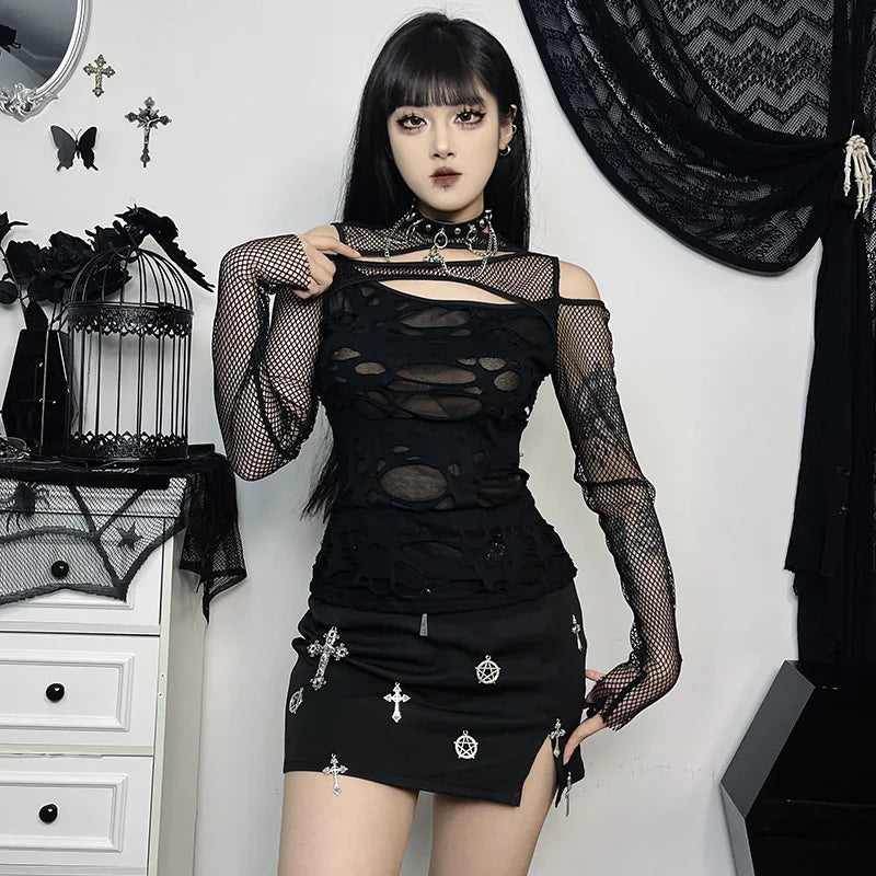 Frayed Mall Gothic Hollow Out T-Shirts Grunge Punk Fishnet Patchwork Women Blouses Sexy Long Sleeve Alt Streetwear Top