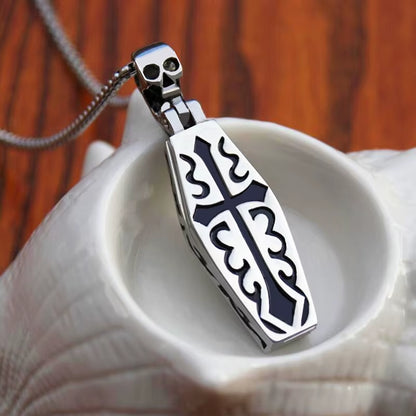 Vintage Men'S Stainless Steel Steampunk Coffin Vampire Skull Skeleton Pendant Necklace Gothic Punk Rock Biker Jewelry Gift