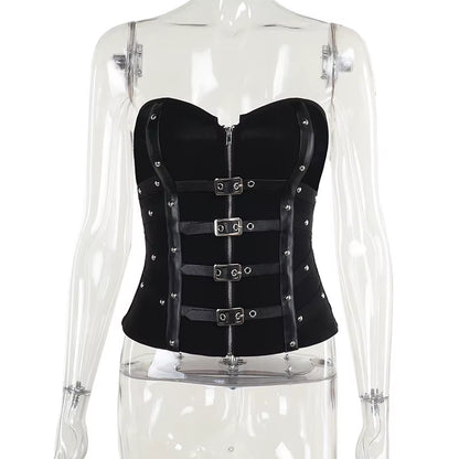 Punk Grunge Leather Buckle Strapless Corset Tops Mall Gothic Zip Women Tupe Top Y2K Coquette Streetwear Alt Tanks Vest