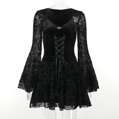 Elegant Vintage Mall Gothic Velvet Dresses Grunge Punk Style Flocked Bandage Dress Women Flare Sleeve Party Alt Outfit
