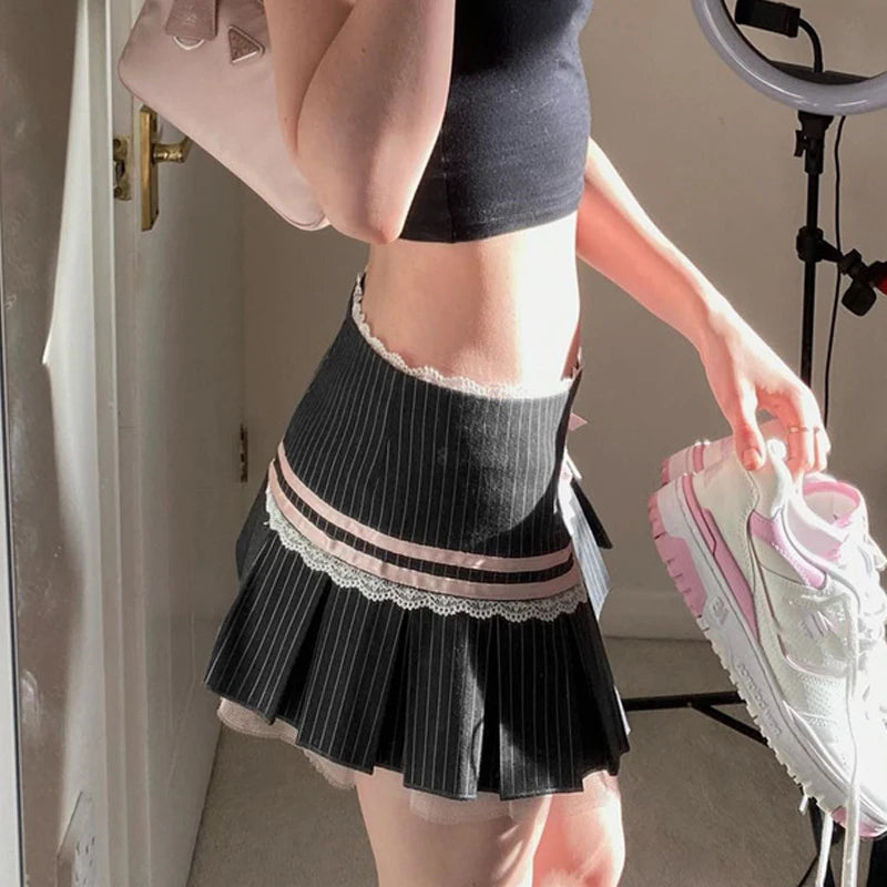 Harajuku Y2K Kwaii Lace Trim Mini Skirts Gothic Cutecore Bow Striped Pleated Skirt Low Waist Color Match Party Bottoms