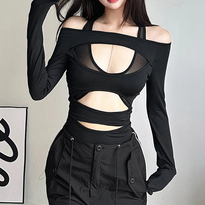 Cyber Y2K Punk Hollow Out Sexy Bodysuits Mall Gothic Bodycon Mesh Sheer T-Shirts Women Long Sleeve Patchwork Bodysuit