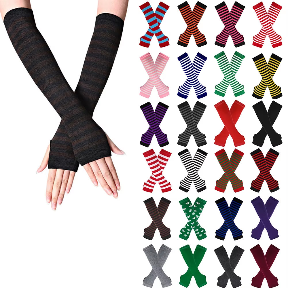 Fashion Women Emo Gloves Lady Striped Elbow Gloves Warmer Knitted Long Fingerless Gloves Elbow Mittens Christmas Acces Gifts