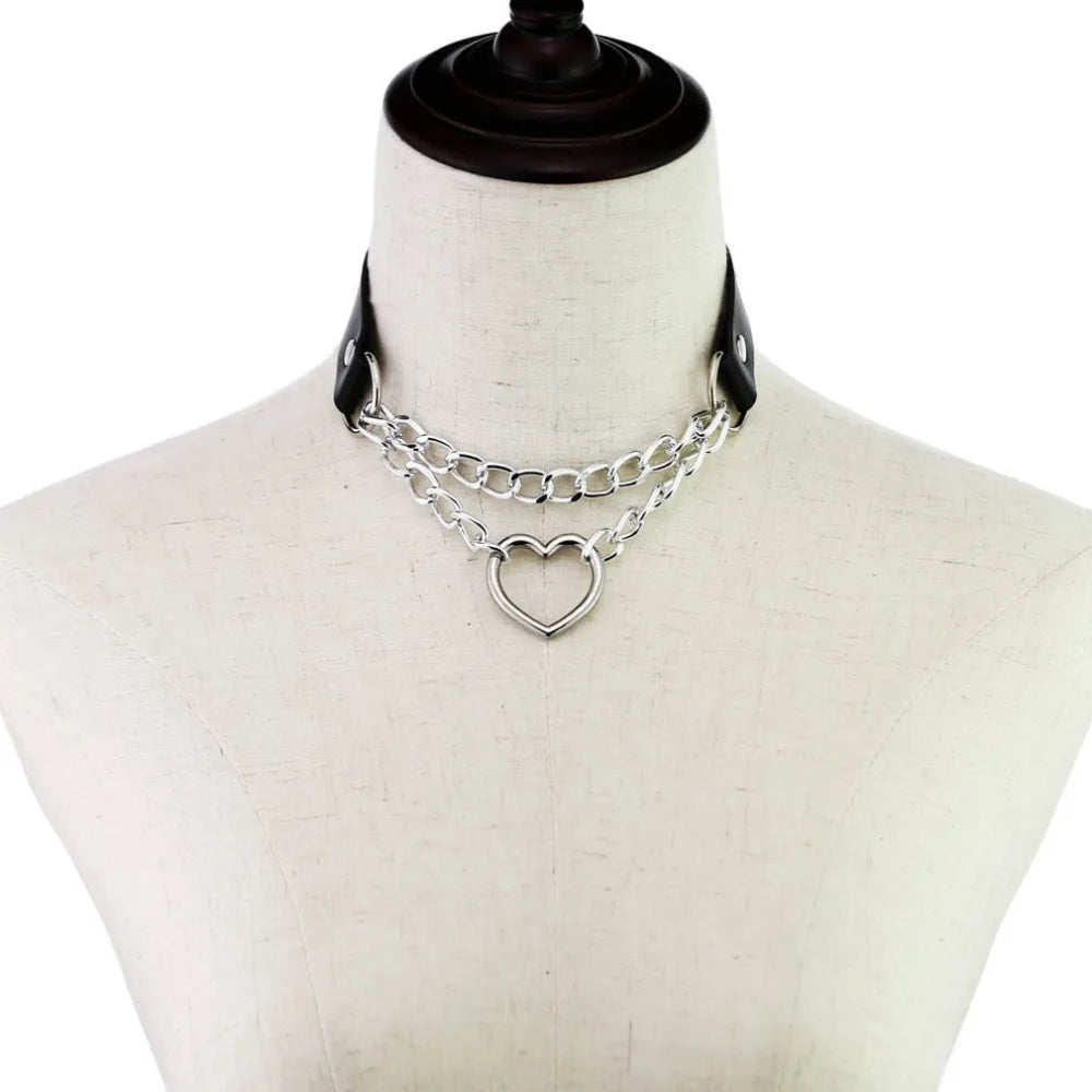 Heart Choker Collar for Women Goth Accessoies Black Leather Chain Chockers Gothic Punk Grunge Emo Necklace Jewelry