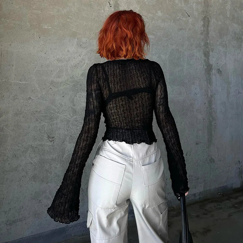 Folds Mall Gothic Lace up Sexy Blouses Grunge Y2K Fairycore Long Sleeve T-Shirts Female Transprent Skinny Fashion Tops