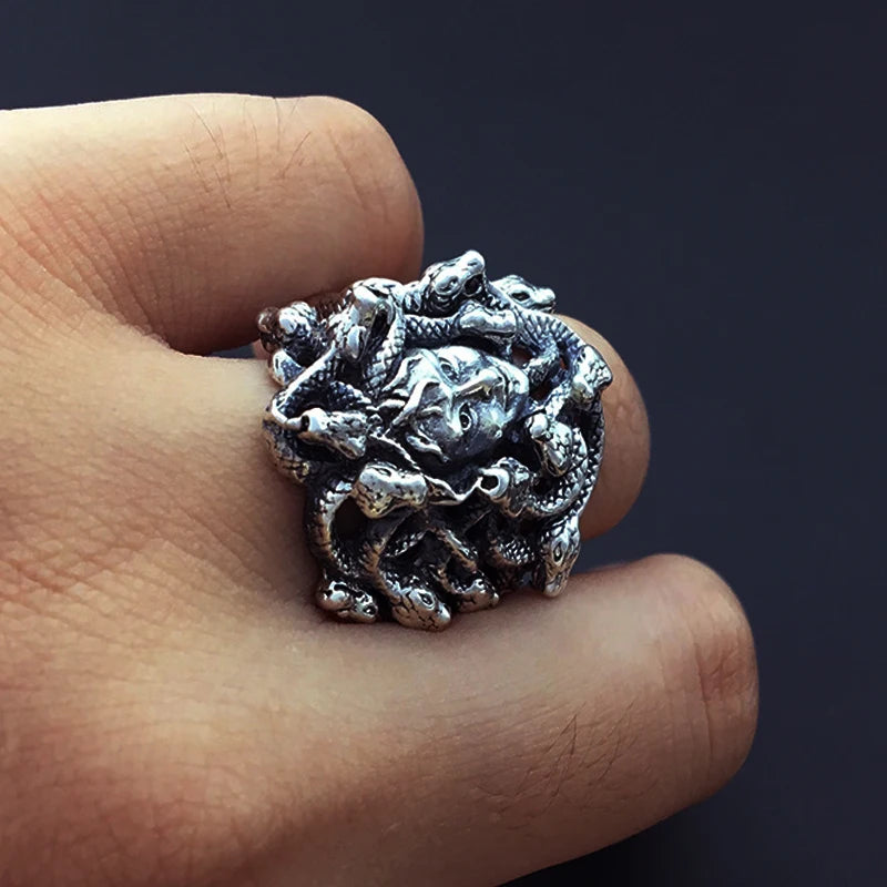 Ancient Greek Mythology Medusa Ring Men Women Silver Color Stainless Steel Gothic Snake Hair Gorgon Ring Punk Biker Jewelry