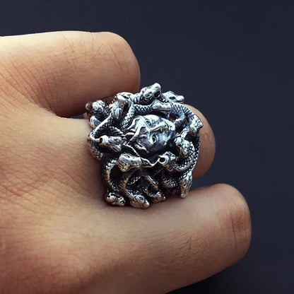 Ancient Greek Mythology Medusa Ring Men Women Silver Color Stainless Steel Gothic Snake Hair Gorgon Ring Punk Biker Jewelry