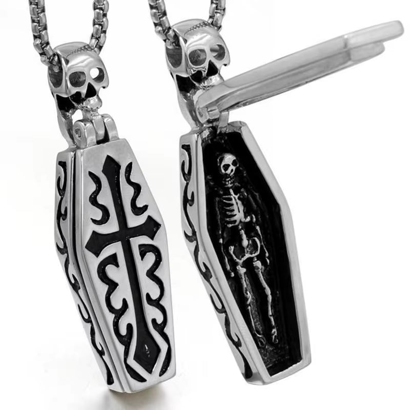 Vintage Men'S Stainless Steel Steampunk Coffin Vampire Skull Skeleton Pendant Necklace Gothic Punk Rock Biker Jewelry Gift