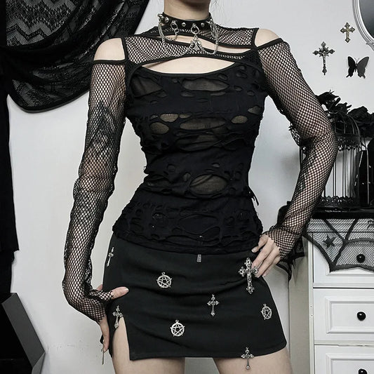 Frayed Mall Gothic Hollow Out T-Shirts Grunge Punk Fishnet Patchwork Women Blouses Sexy Long Sleeve Alt Streetwear Top