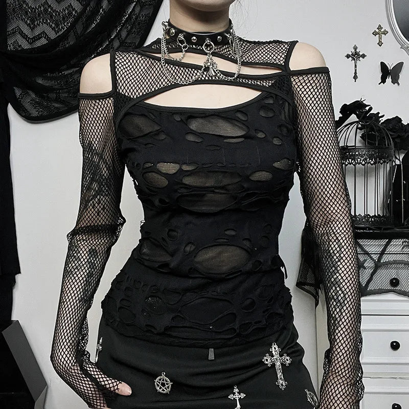 Frayed Mall Gothic Hollow Out T-Shirts Grunge Punk Fishnet Patchwork Women Blouses Sexy Long Sleeve Alt Streetwear Top