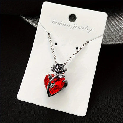 Gothic Dark Style Black Rose Wrapped Red Stone Peach Heart Pendant Necklace