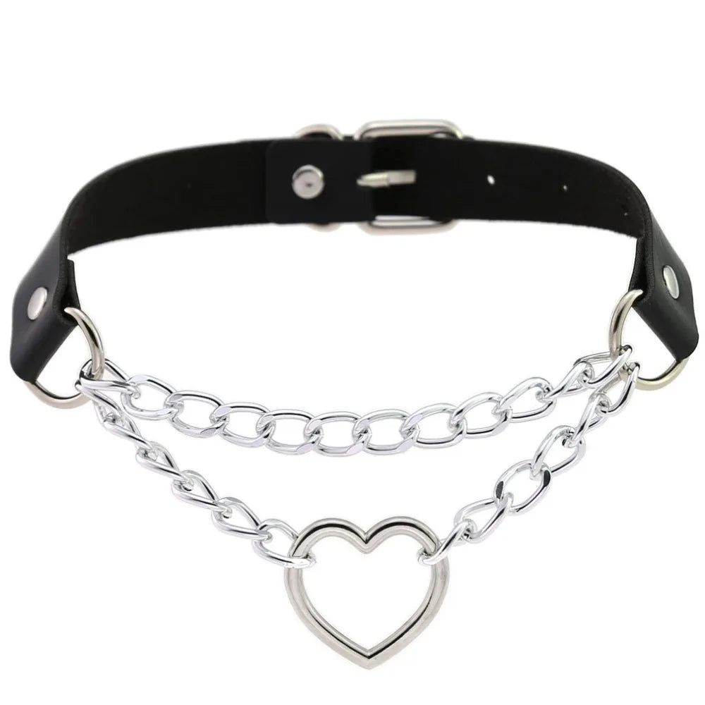 Heart Choker Collar for Women Goth Accessoies Black Leather Chain Chockers Gothic Punk Grunge Emo Necklace Jewelry