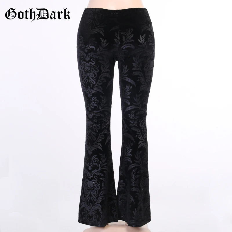 Vintage Floral Scratched Mall Gothic Pants Velvet High Waist Skinny Flare Trousers for Women Streetwear Cyber Y2K Pant