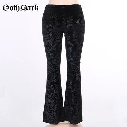 Vintage Floral Scratched Mall Gothic Pants Velvet High Waist Skinny Flare Trousers for Women Streetwear Cyber Y2K Pant