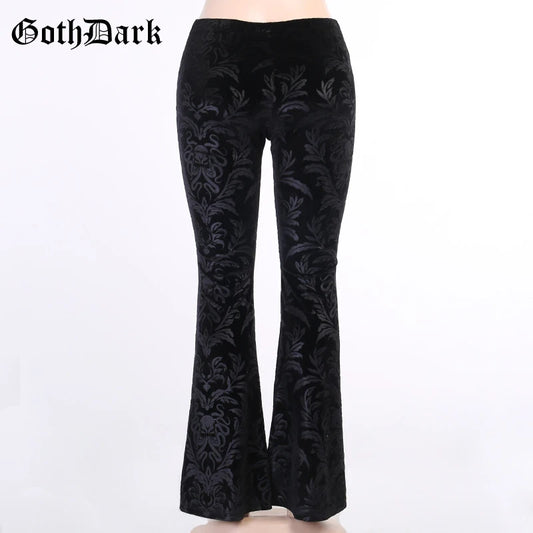 Vintage Floral Scratched Mall Gothic Pants Velvet High Waist Skinny Flare Trousers for Women Streetwear Cyber Y2K Pant
