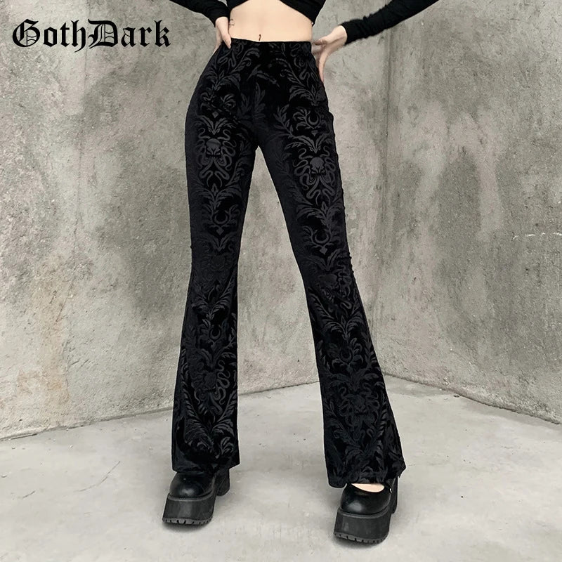 Vintage Floral Scratched Mall Gothic Pants Velvet High Waist Skinny Flare Trousers for Women Streetwear Cyber Y2K Pant