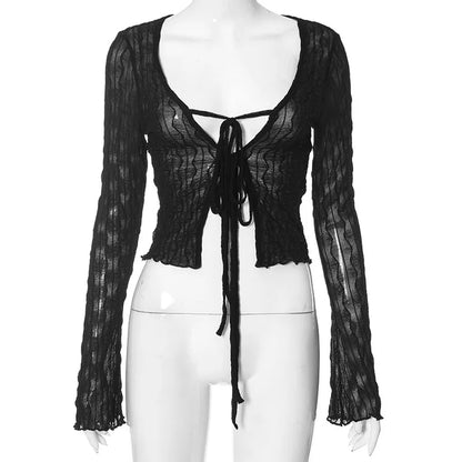 Folds Mall Gothic Lace up Sexy Blouses Grunge Y2K Fairycore Long Sleeve T-Shirts Female Transprent Skinny Fashion Tops