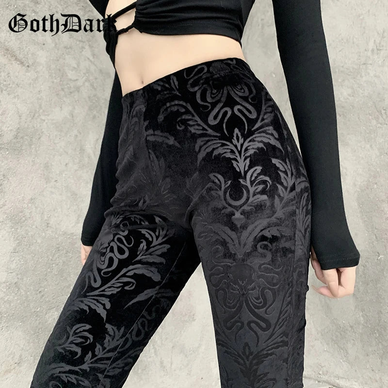 Vintage Floral Scratched Mall Gothic Pants Velvet High Waist Skinny Flare Trousers for Women Streetwear Cyber Y2K Pant