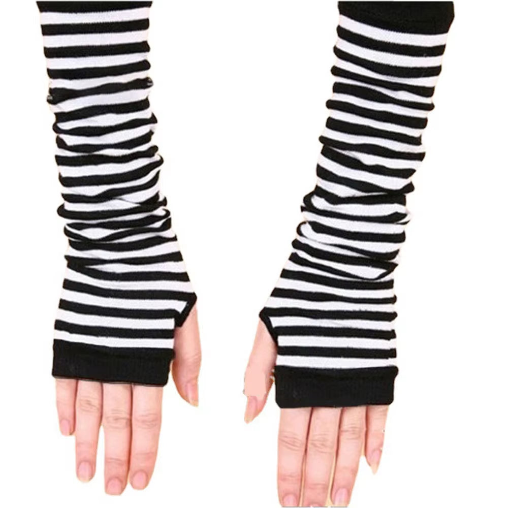 Fashion Women Emo Gloves Lady Striped Elbow Gloves Warmer Knitted Long Fingerless Gloves Elbow Mittens Christmas Acces Gifts