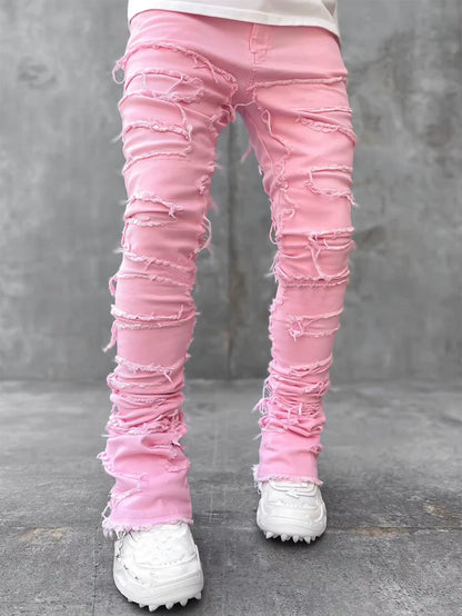 Men'S Regular Fit Stacked Jeans Ripped Slim Fit Patch Distressed Destroyed Straight Denim Pants Hip Hop Streetwear Trouser Cloth
