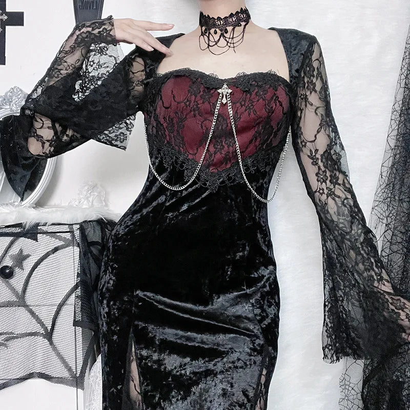Elegant Mall Gothic Women Evening Dresses Grunge Aesthetic E-Girl Velvet Midi Dress Lace Splice Sexy Split Alt Outfits