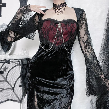 Elegant Mall Gothic Women Evening Dresses Grunge Aesthetic E-Girl Velvet Midi Dress Lace Splice Sexy Split Alt Outfits