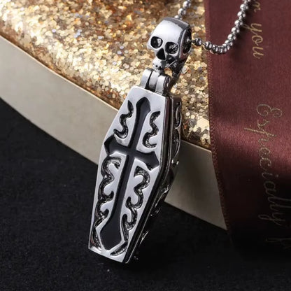 Vintage Men'S Stainless Steel Steampunk Coffin Vampire Skull Skeleton Pendant Necklace Gothic Punk Rock Biker Jewelry Gift
