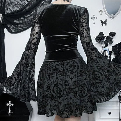 Elegant Vintage Mall Gothic Velvet Dresses Grunge Punk Style Flocked Bandage Dress Women Flare Sleeve Party Alt Outfit