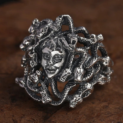 Ancient Greek Mythology Medusa Ring Men Women Silver Color Stainless Steel Gothic Snake Hair Gorgon Ring Punk Biker Jewelry
